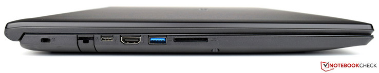 lewy bok: gniazdo blokady Kensingtona, LAN, USB typu C, HDMI, USB typu A (3.0), czytnik kart pamięci SD