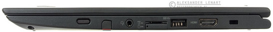 prawy bok: przycisk zasilania, pióro cyfrowe, gniazdo audio, czytnik kart microSD, gniazdo SIM, USB 3.0, HDMI, zaczep na linkę blokady Kensingtona