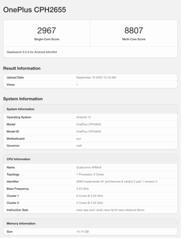 Lista OnePlus 13 w Geekbench. (Źródło obrazu: Geekbench)