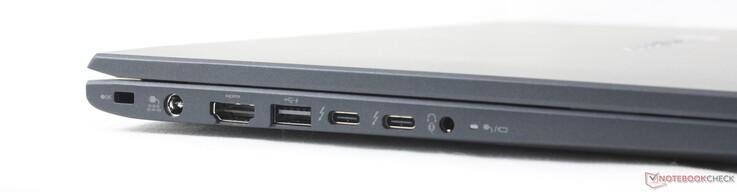 Po lewej: blokada bezpieczeństwa, zasilacz sieciowy, HDMI, USB-A Gen 3.2, 2x USB-C 4.0 z DisplayPort + Power Delivery, zestaw słuchawkowy 3,5 mm
