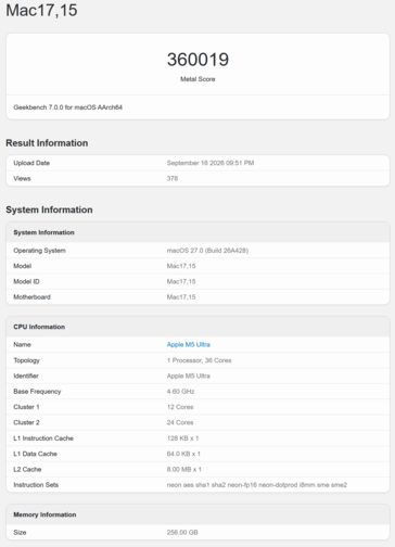 Wynik procesora graficznego Apple M5 w teście Geekbench 7