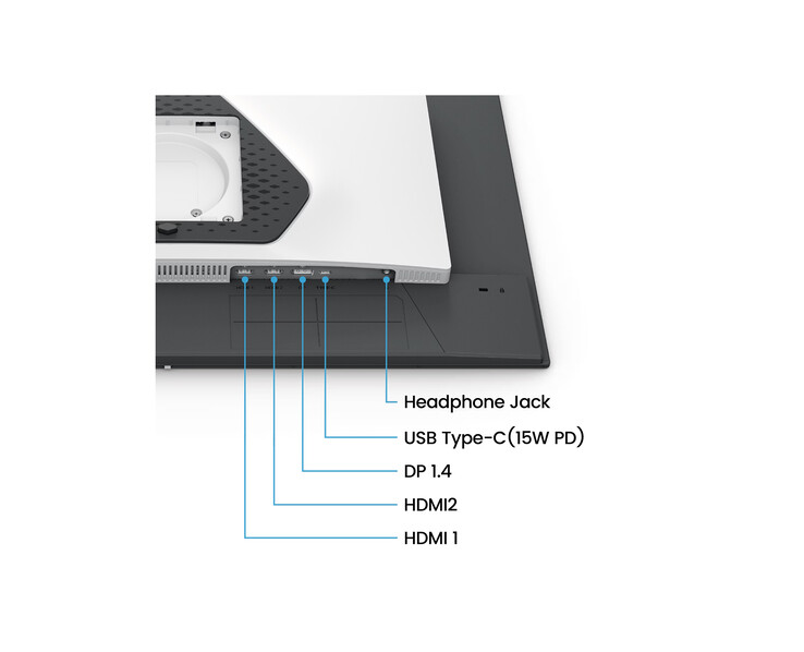 Opcje połączeń fizycznych monitora obejmują dwa porty HDMI 2.1 oraz jedno złącze DisplayPort 1.4, a także wbudowane podwójne głośniki o mocy 2 W.