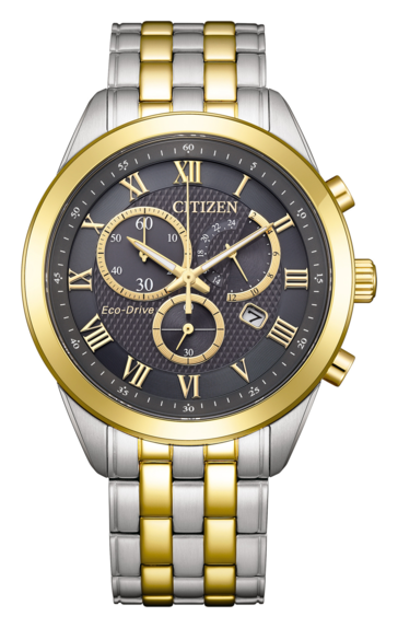 Chronograf Citizen AT2604-56H z mechanizmem Eco-Drive, wyposażony w teksturowaną tarczę w kolorze antracytowej szarości, złocistą ramkę i wskazówki oraz dwukolorową bransoletę ze stali nierdzewnej.