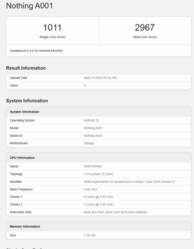 Przypuszczalna lista CMF Phone 2 Pro Geekbench (źródło obrazu: Geekbench)