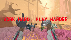 Zrzut ekranu Mycopunk z rękami robota i tekstem czytającym work hard play harder
