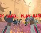 Zrzut ekranu Mycopunk z rękami robota i tekstem czytającym work hard play harder