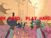 Zrzut ekranu Mycopunk z rękami robota i tekstem czytającym work hard play harder