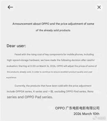 Oppo ogłasza podwyżkę cen wielu smartfonów w Chinach.