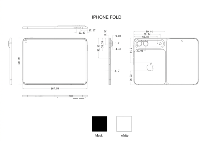 Domniemane schematy iPhone Ultra/Fold od producenta etui (przeskalowane za pomocą AI).
