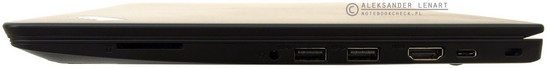 prawy bok: czytnik kart pamięci, gniazdo audio, dwa USB 3.0, HDMI, USB typu C, gniazdo blokady Kensingtona