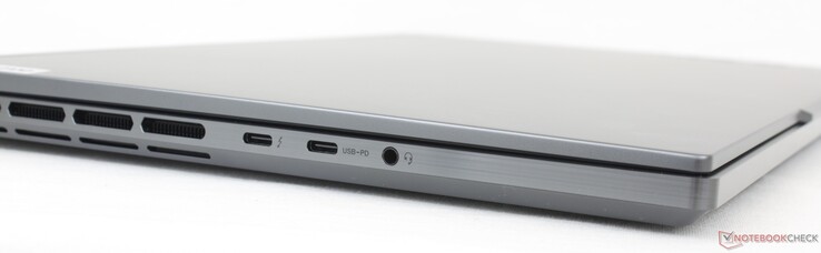 Po lewej: USB-C + Thunderbolt 4, USB-C 3.2 Gen. 2 + DisplayPort 1.4 + Power Delivery, zestaw słuchawkowy 3,5 mm