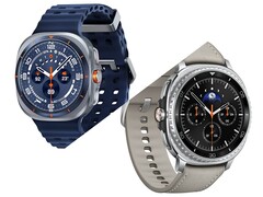 Galaxy Watch Ultra w kolorze Titanium Blue (u góry) i Galaxy Watch 8 Classic w kolorze czarnym z paskiem Taupe (edytowane).
