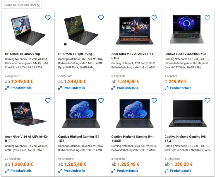 Najbardziej przystępne cenowo laptopy RTX 5070 (źródło obrazu: Zrzut ekranu idealo)