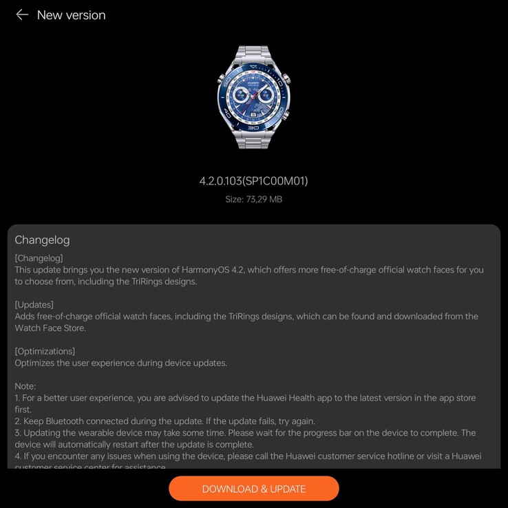 Dziennik zmian dla wersji 4.2.0.103 dla Huawei Watch Ultimate. (Źródło obrazu: @RODENT950 via X)