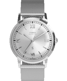 Zegarek elegancki Timex x Todd Snyder Marlin Mesh z srebrną tarczą o wykończeniu typu „sunburst” oraz bransoletą typu milaneńskiego.