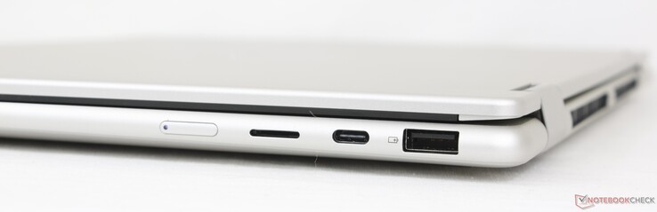 Po prawej stronie: Przycisk zasilania, czytnik MicroSD, USB-C (10 Gb/s) z DisplayPort 1.4a + Power Delivery, USB-A (5 Gb/s)