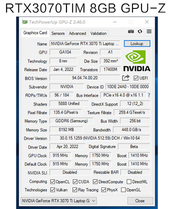 51Risc RTX 3070 TiM GPU - GPU-Z. (Źródło obrazu: Aliexpress)