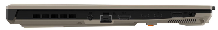 lewa strona: złącze zasilania, Gigabit Ethernet, HDMI, USB 4 (USB-C; DisplayPort), USB 3.2 Gen 2 (USB-C; DisplayPort, Power Delivery), USB 3.2 Gen 1 (USB-A), audio combo