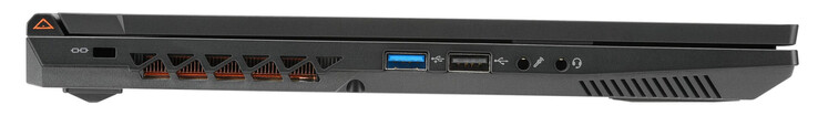 Po lewej: gniazdo zabezpieczające Kensington, USB 3.2 Gen 1 (USB-A), USB 2.0 (USB-A), wejście mikrofonowe, gniazdo audio combo