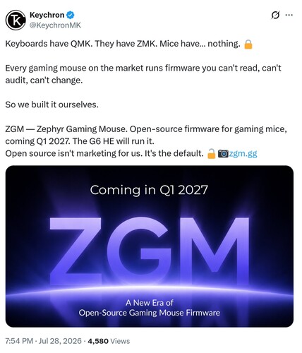 Ogłoszenie dotyczące oprogramowania układowego Keychron ZGM na platformie X