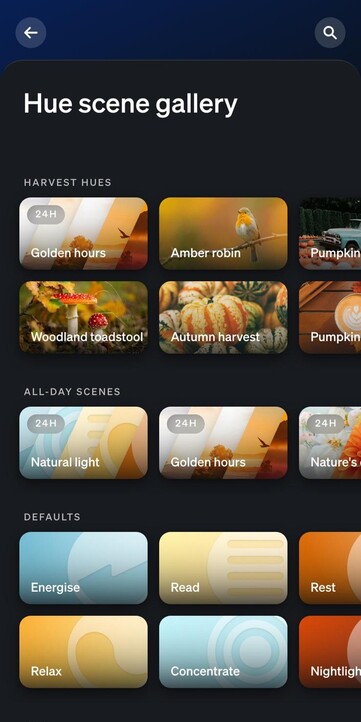 Zrzut ekranu nowej kolekcji Harvest Hues w galerii scen aplikacji Philips Hue. (Źródło obrazu: własne)