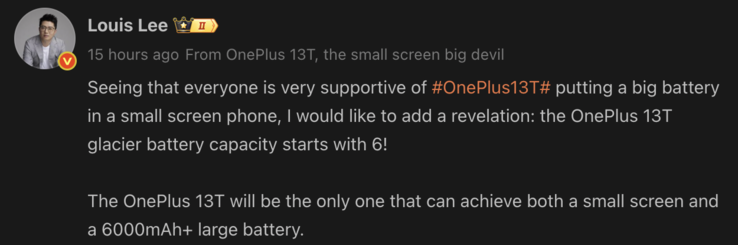 Louis Lee, prezes OnePlus China, drażni się z dużą baterią w nadchodzącym OnePlus 13T. (Źródło obrazu: Weibo - przetłumaczone maszynowo)