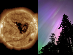 Burza geomagnetyczna o tej porze roku jest znacząca ze względu na efekt Russella-McPherrona. Na zdjęciu - dziura koronalna na Słońcu (po lewej) i zorza polarna (po prawej) (Źródło zdjęcia: NOAA, Anubhav Sharma/Notebookcheck)