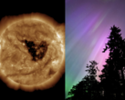 Burza geomagnetyczna o tej porze roku jest znacząca ze względu na efekt Russella-McPherrona. Na zdjęciu - dziura koronalna na Słońcu (po lewej) i zorza polarna (po prawej) (Źródło zdjęcia: NOAA, Anubhav Sharma/Notebookcheck)