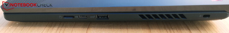 Po prawej: czytnik microSD, USB-C 3.2 Gen2 z DP i PD, USB-A 3.2 Gen2, Kensington Lock