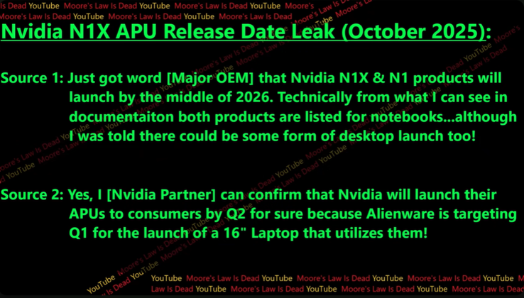 Plotki na temat daty premiery Nvidia N1X. (Źródło obrazu: Moore's Law Is Dead na YouTube)