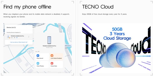 Seria Camon 50 ma funkcję offline Find My Phone i bezpłatną pamięć masową w chmurze przez trzy lata.
