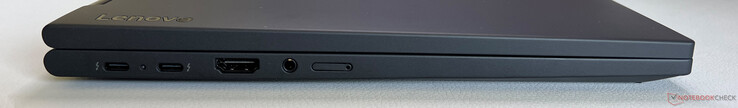 Lewa strona: 2x USB-C 4.0 z Thunderbolt 4 (40 Gb/s, DisplayPort 2.1, Power Delivery 3.0), HDMI 2.1, audio 3,5 mm, gniazdo Nano-SIM