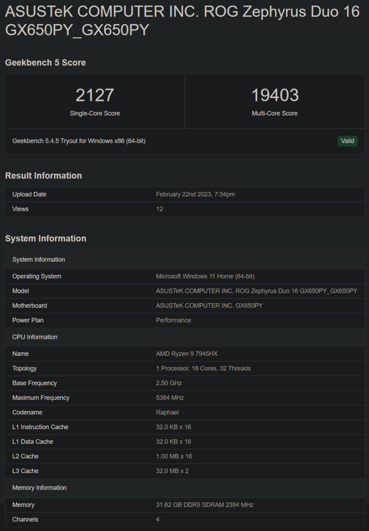 AMD Ryzen 9 7945HX w Geekbench (zdjęcie via Geekbench)