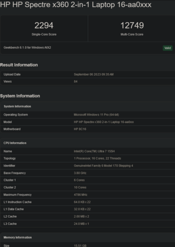 Ultra 7 155H (źródło obrazu: Geekbench)