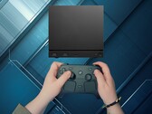 Kontroler Steam przedstawiony wraz z konsolą Steam Machine