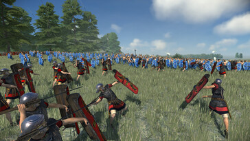Ilustracja przedstawiająca bitwę między Juliuszami a Brytyjczykami w grze Total War: Rome Remastered.