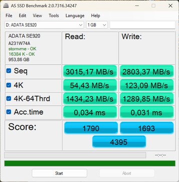Test wydajności dysku ADATA SE920 za pośrednictwem USB4