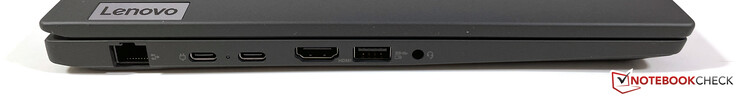 Po lewej: Gigabit Ethernet, 2x USB-C 3.2 Gen.2 (10 GBit/s, DisplayPort ALT mode 1.4, Power Delivery), HDMI 2.0, USB-A 3.2 Gen.1 (5 GBit/s, zasilany), 3,5 mm stereo