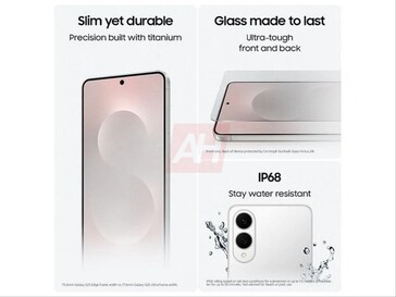 Galaxy Wyciekło zdjęcie produktu S25 Edge pokazujące wodoodporność IP68, tytanową i szklaną konstrukcję. (Źródło zdjęcia: Android Headlines)