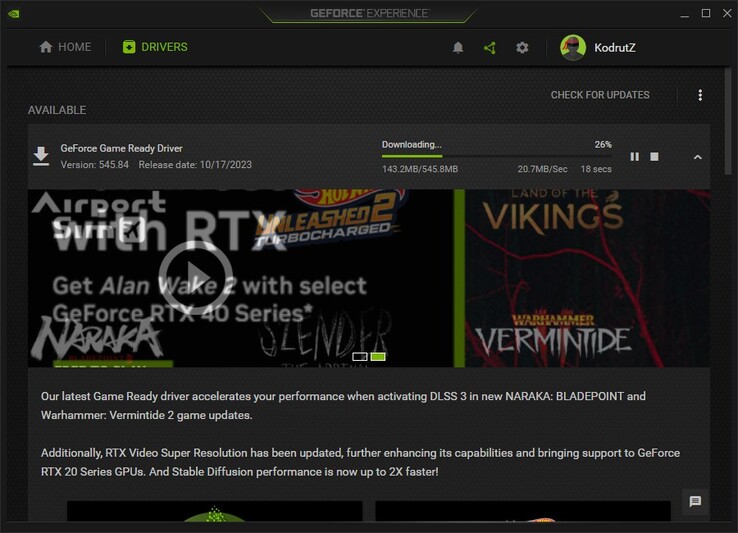 Pobieranie sterownika Nvidia GeForce Game Ready Driver 545.84 w GeForce Experience (Źródło: własne)