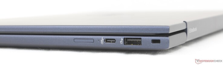 Po prawej stronie: Gniazdo Nano-SIM (opcjonalnie), USB-C 10 Gb/s z funkcją Power Delivery + DisplayPort 1.4, USB-A 5 Gb/s, blokada Noble Lock