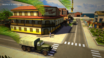 Zdjęcie przedstawiające budynek i samochód w grze „Tropico 5”.