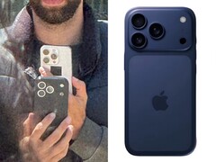 Porównanie obok siebie przedstawiające domniemaną jednostkę testową iPhone'a 17 Pro sfotografowaną publicznie (po lewej) i zbliżenie tego samego prototypu w niebieskiej obudowie rozwojowej (po prawej), z nowym układem tylnej kamery. (@Skyfops na X , wcześniej Twitter)