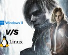 Grafika Resident Evil Requiem z porównaniem Windows 11 i Linux.