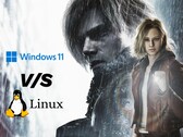Grafika Resident Evil Requiem z porównaniem Windows 11 i Linux.
