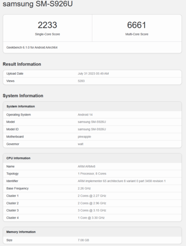 napdragon 8 Gen 3 dla Galaxy w Samsungu Galaxy S24 Plus z konfiguracją 1+3+2+2. (Źródło: Geekbench)