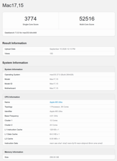 Wynik Apple M5 w teście Geekbench 7