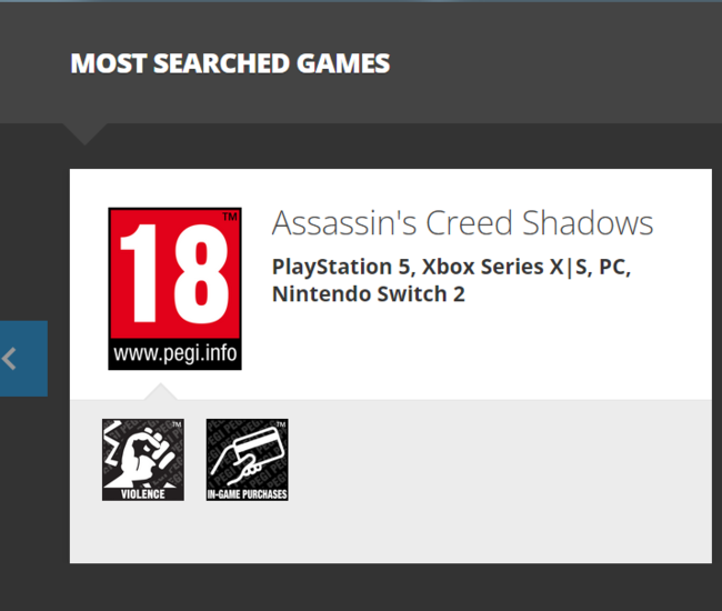Ocena PEGI dla Assassin's Creed Shadows (źródło obrazu: zrzut ekranu, PEGI)