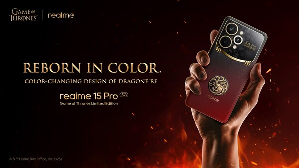 Realme 15 Pro Game of Thrones Limited Edition zmienia kolor z czarnego na czerwony, gdy temperatura wzrasta. (Źródło zdjęcia: Realme)