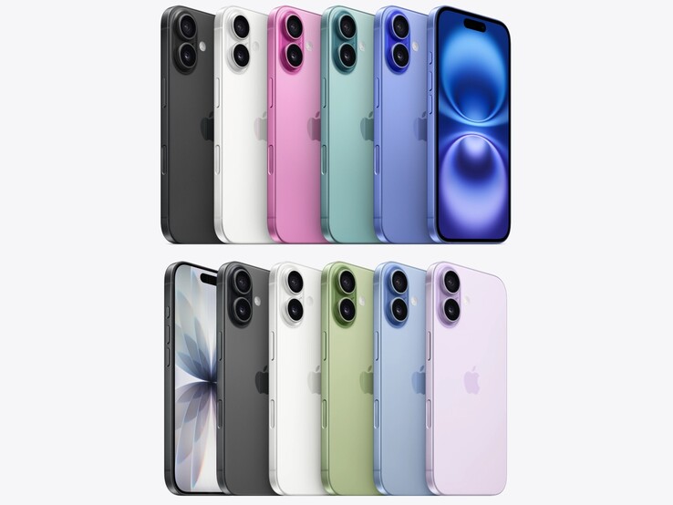 wersje kolorystyczne iPhone'a 16 (u góry) i iPhone'a 17 (u dołu). (Źródło zdjęcia: Apple, edytowane)